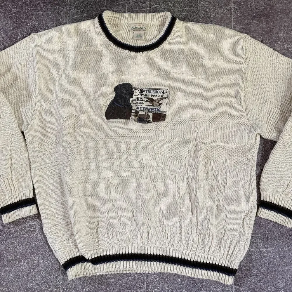 Men's Vintage 90's St Johns Bay Black Lab Duck Hunting Ivory Crewneck Sweater XL
